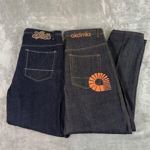 Y2K Akademiks Jeans Mens 42x34 Blue Relaxed Straight Leg Hip Hop Denim Lot 2